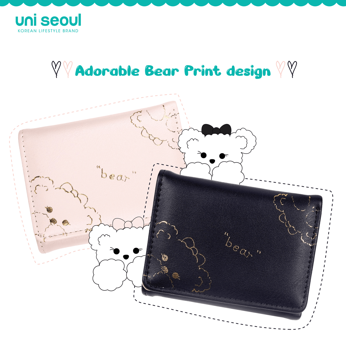 Bear Print Cute Wallet, Cream