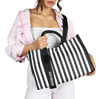 Striped Canvas Tote Black