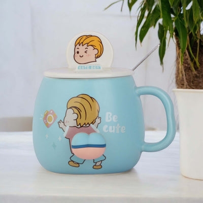 Adorable Cartoon Ceramic Mug Set with Lid and Spoon