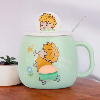 Adorable Cartoon Ceramic Mug Set with Lid and Spoon