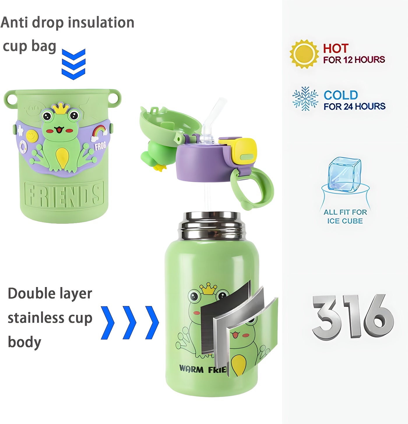 Animal Themed Stainless Steel Water Bottle with Straw