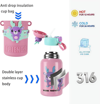 Animal Themed Stainless Steel Water Bottle with Straw