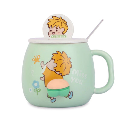 Adorable Cartoon Ceramic Mug Set with Lid and Spoon