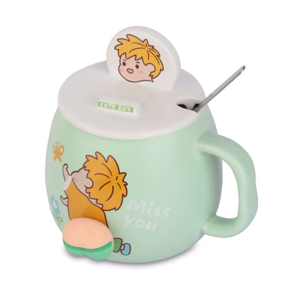 Adorable Cartoon Ceramic Mug Set with Lid and Spoon