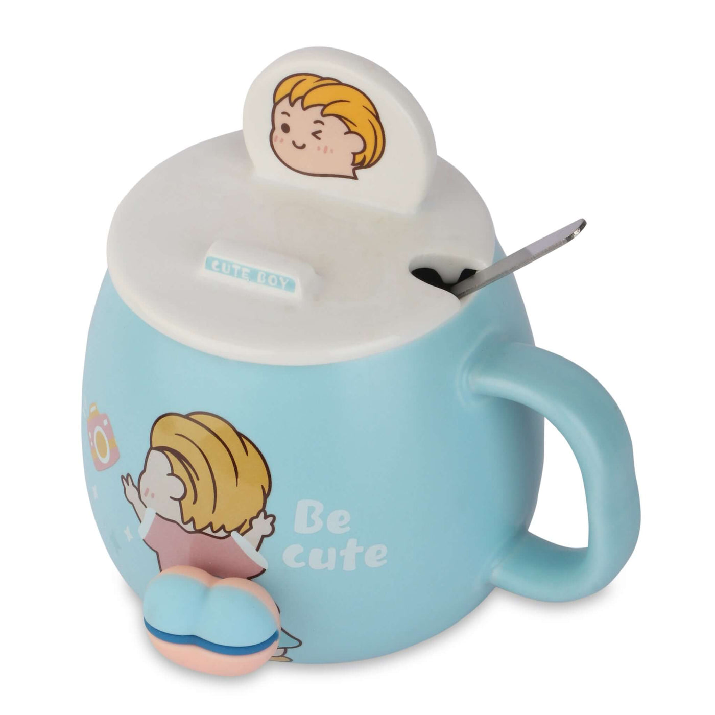 Adorable Cartoon Ceramic Mug Set with Lid and Spoon