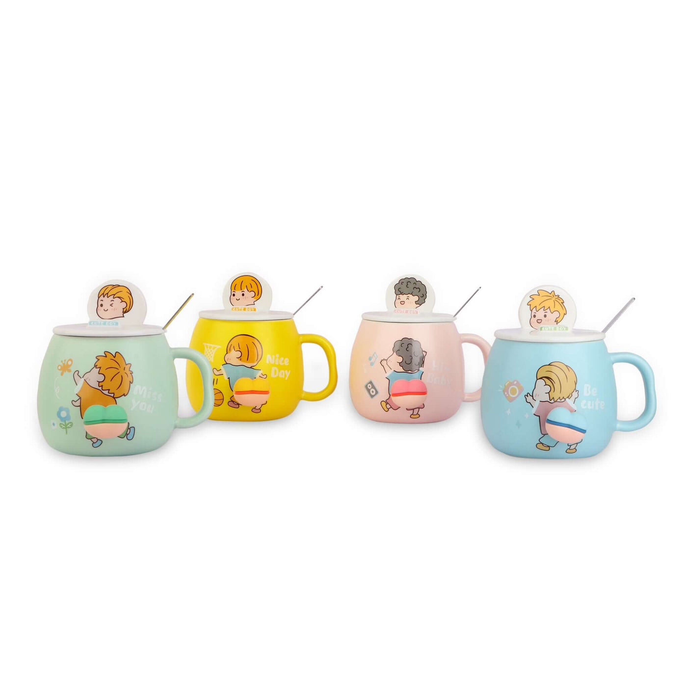 Adorable Cartoon Ceramic Mug Set with Lid and Spoon